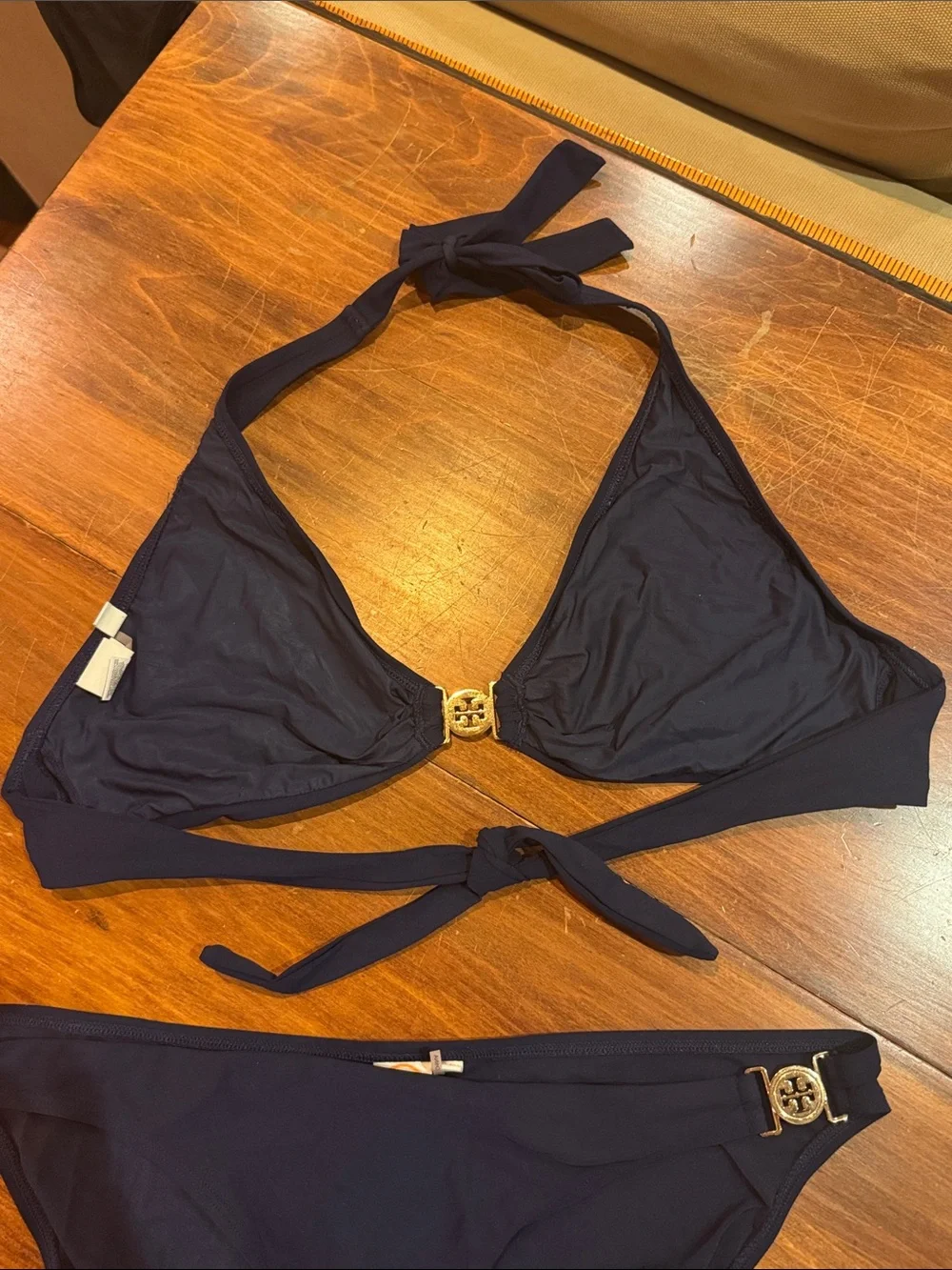 Tory Burch Miller Swimwear Two Piece Gold Logo Triangle Bikini M Navy Swimsuit